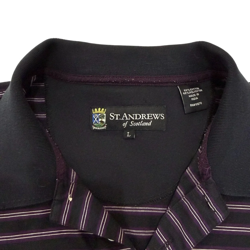 St Andrews of Scotland Mens Large Polo Shirt Purple Black Striped Short‎ Sleeve